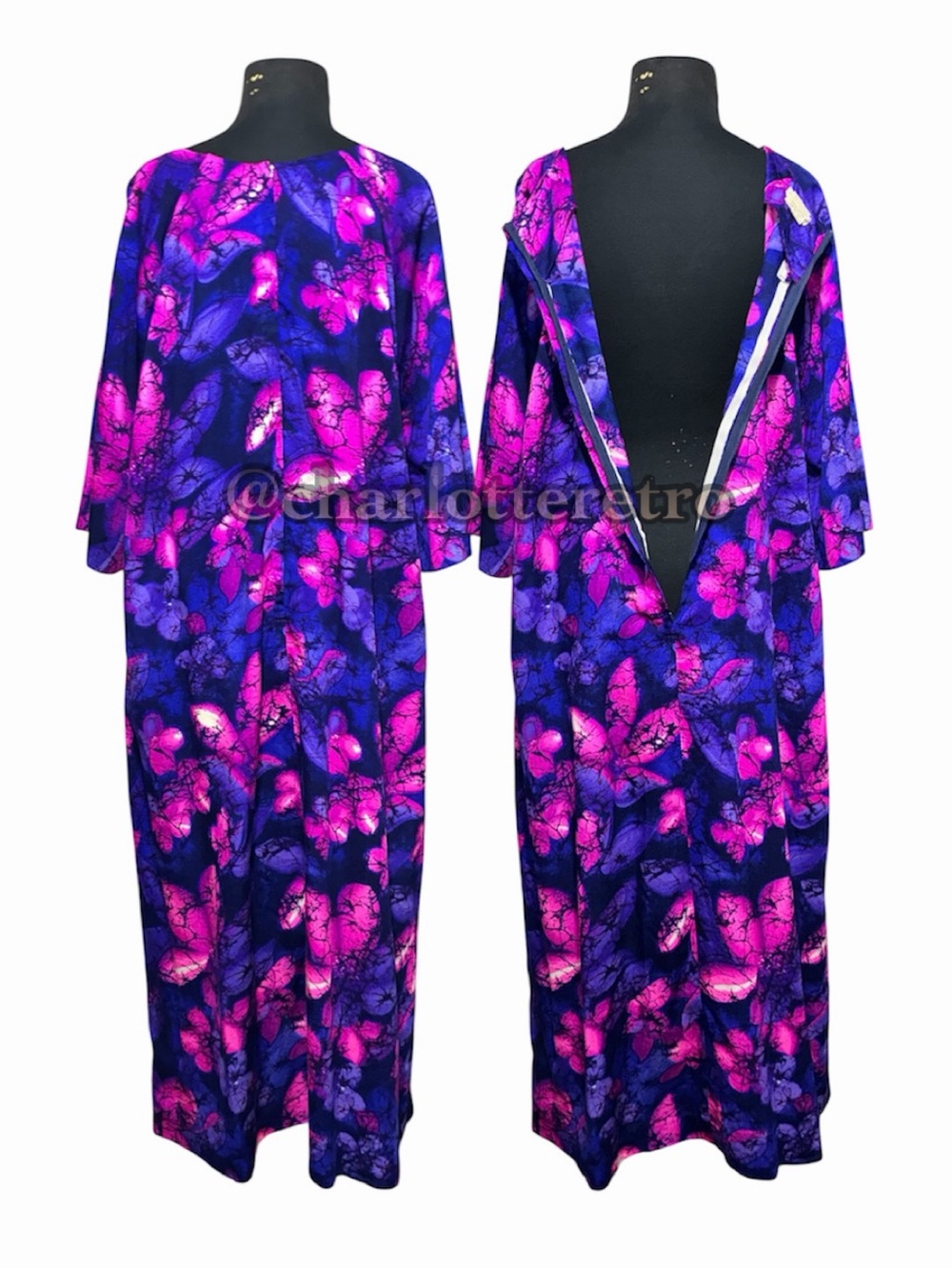 60s vtg Hilo Hattie Floral Maxi w Split Flutter Sleeves - Picture 8 of 11